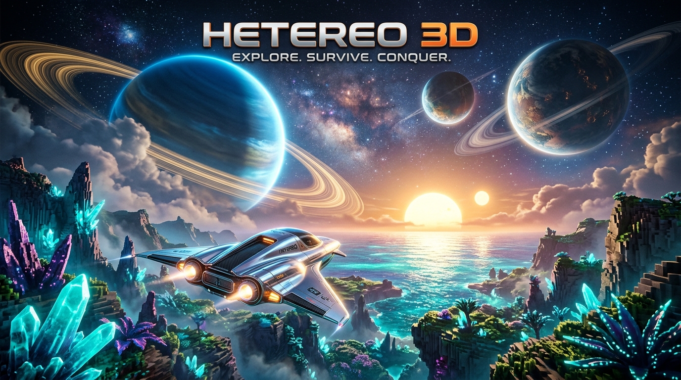 Heterio 3D Key Art - Nave Espacial e Planetas Gigantes