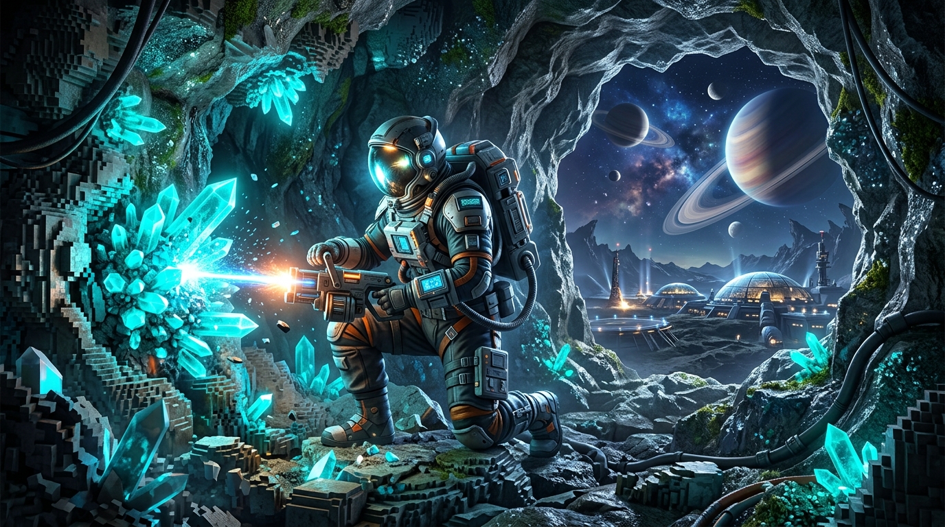 Astronauta minerando cristais em caverna voxel